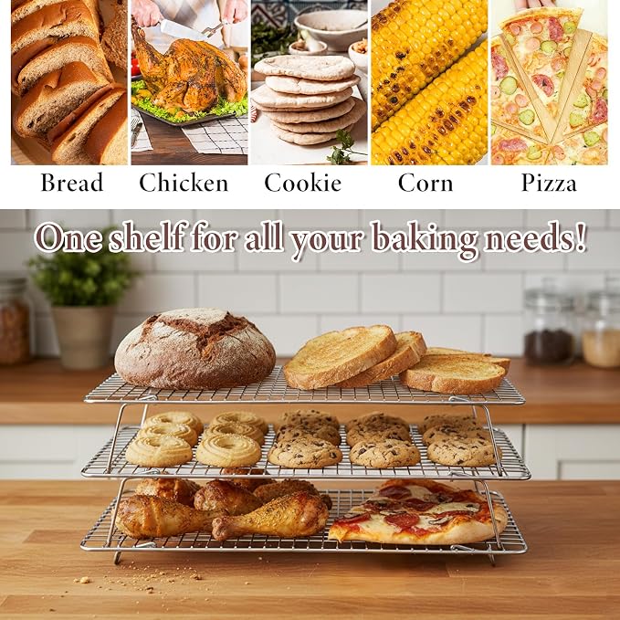 Stainless Steel Stackable Cooling Rack for Baking, 3-Tier Cooling Rack Set, Stackable Heavy Duty Stainless Steel Wire Racks, for Baking Cooking Grilling, Oven & Dishwasher Safe, 10”x 16”, Silver