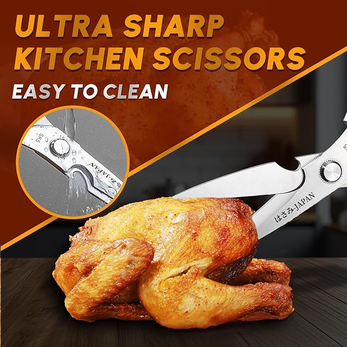 HUUSK Kitchen Scissors Set Silver - Stainless Steel Kitchen Shear, Sharp Meat Scissors, Heavy Duty Poultry Shears, Japanese Cooking Scissor for Food, Gifts for Men Women