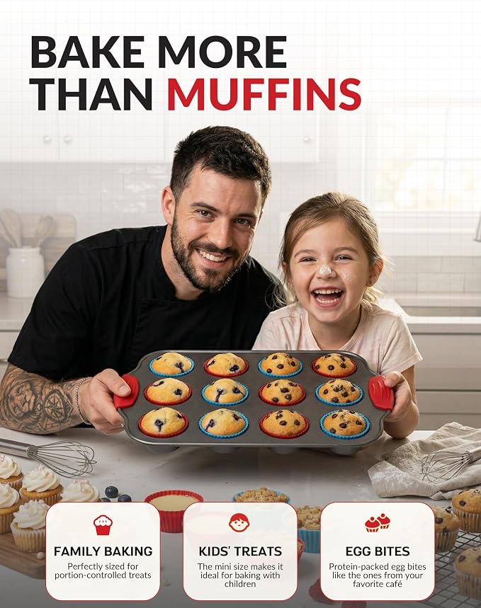 12 Cup Mini Muffin Pan with Silicone Muffin Liners. Professional Cupcake Pan for Baking Muffin Mold, Mini Muffin Tin Non-Stick Steel Bakeware