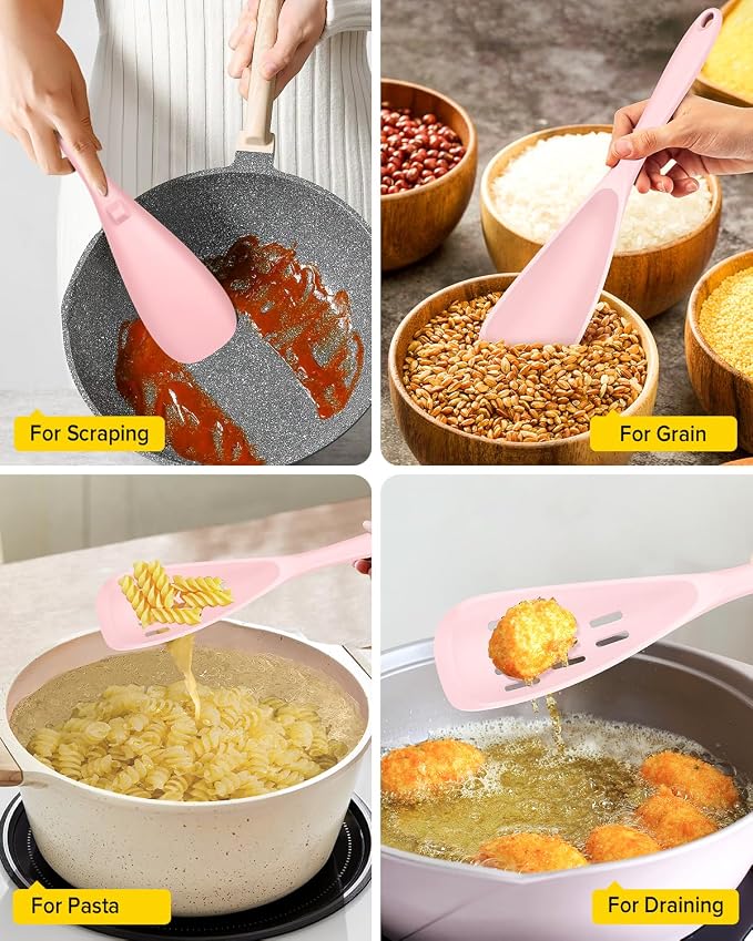 Pack of 2 Cooking Spoons for Non Stick Cookware, Multifunction Spatula Spoon BPA-Free, One-Piece Design, Suitable for Scooping, Scraping, Serving and Mixing (PINK)