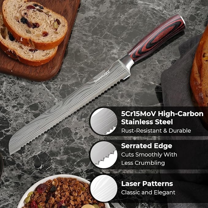 DiiHAUZZ 10 Inch Bread Knife, Serrated Knife for Homemade Bread, Razor Sharp High Carbon Stainless Steel Sourdough Cutter, Professional Bakery Kitchen Knives with Ergonomic Handle for Bagel, Cake