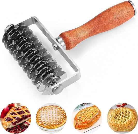 Pastry Lattice Roller Cutter, Stainless Steel Dough Cutter Wheel with Wood Handle, Time-Saver Baking Tools for Beef Wellington Pie Crust Pizza Bread, JKUS20408 | Dough Cutter Wheel Time-Saver Baking Tools for Beef Wellington Pie Crust Pizza Bread