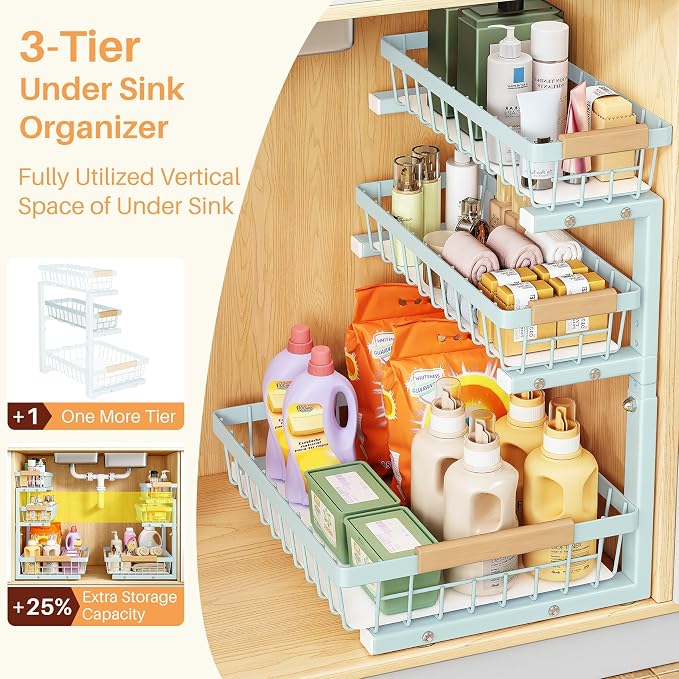 PXRACK Under Sink Organizer, 1-Pack 3-Tier Height Adjustable Thickened Metal Pull out Cabinet Organizer Shelf, Slide out Storage Drawer Rack for Bathroom Kitchen Pantry Home Organization, LightBlue