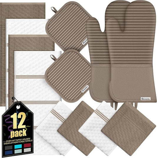 Oven Mitts Kitchen Towels and Dishcloths with Pot Holders Sets, Oven Gloves Hot Pads 500°F Heat Resistant with Silicone Grip, Include 2 Cooking Gloves/2 Potholders/4 Kitchen Towels/4 Dish Towels
