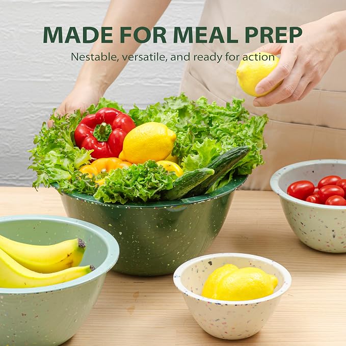 Confetti Melamine Mixing Bowls Set, 4 Piece Nesting BPA free Green | 4-Piece Kitchen Serving Bowls (18oz, 1.25QT, 2.5QT, 4QT) dishwasher safe, stackable and space-saving.