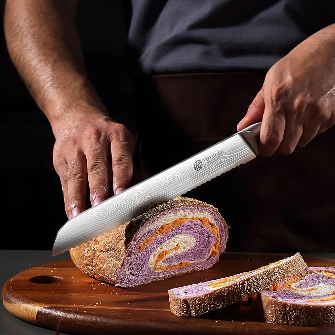 YOTSUBA 10" Japanese Bread Knife – Serrated Blade, High Carbon Japanese Stainless Steel with Natural Rosewood Handle, Perfect for Sourdough, Sandwich & Crusty Bread, Great Gift for Home Bakers