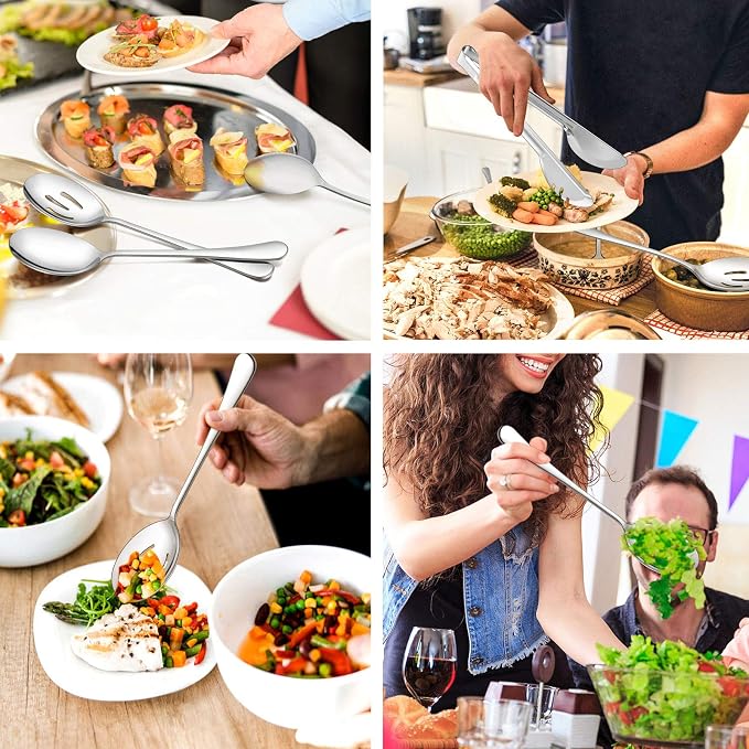LIANYU 9-Piece Large Serving Utensils Set, 9.8 Inch Stainless Steel Buffet Banquet Catering Serving Spoons Forks and Tongs Set, Dishwasher Safe