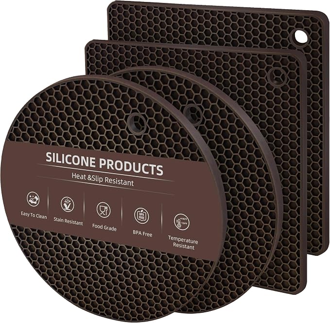 TWTLi Silicone Trivets for Hot Dishes, Set of 4 Trivet Mats, Heat Resistant Hot Pads for Kitchen Countertops, Non-Slip Honeycomb Pot Holders & Counter Protectors for Hot Pots & Pans (Coffee)