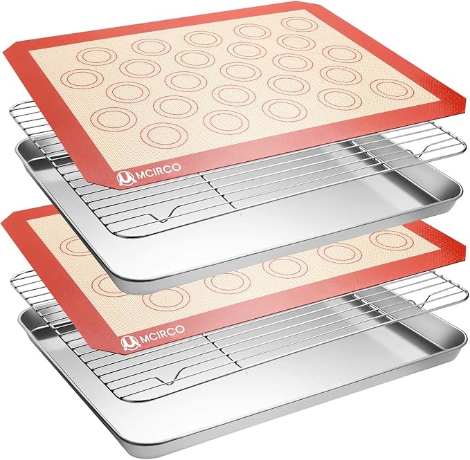 M MCIRCO Baking Sheet with Cooling Rack, Baking Mat Set, Set of 6 | Stainless Steel Cookie Pan with Cooling Rack, 2 Sheets + 2 Racks + 2 Mats,Baking Pan, Size 16 x 12 x 1 Inch Easy Clean
