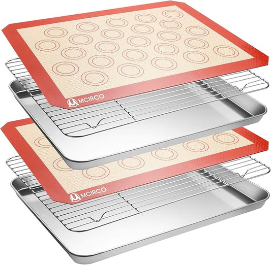 M MCIRCO Baking Sheet with Cooling Rack, Baking Mat Set, Set of 6 | Stainless Steel Cookie Pan with Cooling Rack, 2 Sheets + 2 Racks + 2 Mats,Baking Pan, Size 16 x 12 x 1 Inch Easy Clean