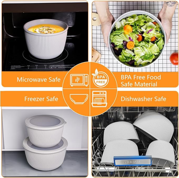 BoxedHome 4.97 Quarts Nesting Plastic Mixing Bowls, BPA-Free Plastic, Microwave and Dishwasher Safe, Set of 4, 4.97/3.38/2.22/1.27 quart, Gray