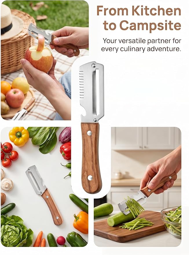 3-in-1 Multifunctional Vegetable Peeler Curved Stainless Steel Blade with Wooden Handle - Peeling, Julienne & Bottle Opener Veggie Peeler for Home Chefs, Camping, Kitchen Tool (3PCS)