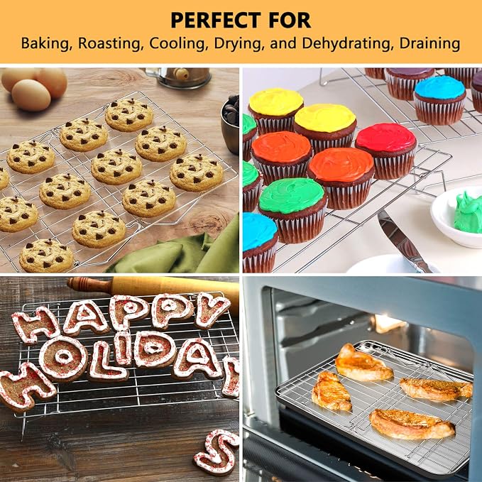 P&P CHEF Cooling Rack Set of 2, 2-Tier 16.5" x 11.4" Stackable Rack, Silver | Stainless Steel Stackable Wire Cooling Racks for Baking Cooking Roasting, Collapsible & Heavy Duty, Oven Safe & Easy Clean