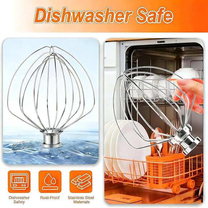 KN256WW Whisk Attachment for KitchenAid 6 Qt Bowl-Lift Mixers - Dishwasher Safe 6-Wire All Stainless Steel Whip - Heavy Duty for Fast Whipping Cream, Eggs, Mayonnaise & Cakes
