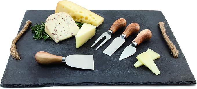 True Gourmet 4-Piece Stainless Steel Cheese Knife Set with Acacia Wood Handles for Charcuterie Board, Includes 3 Knives & 1 Fork, Hosting Essentials