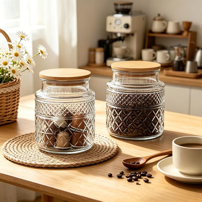 Prettidecor Glass Storage Jars, 38 FL OZ Airtight Canisters with Bamboo Lid, Decorative Kitchen Containers for Cereal, Nuts, Snacks, Candy, Cookies, Coffee, Tea | Kitchen Pantry Coffee bar Canister for Coffee Sugar Cereal Nut Candy, Airtight Bamboo Lid...