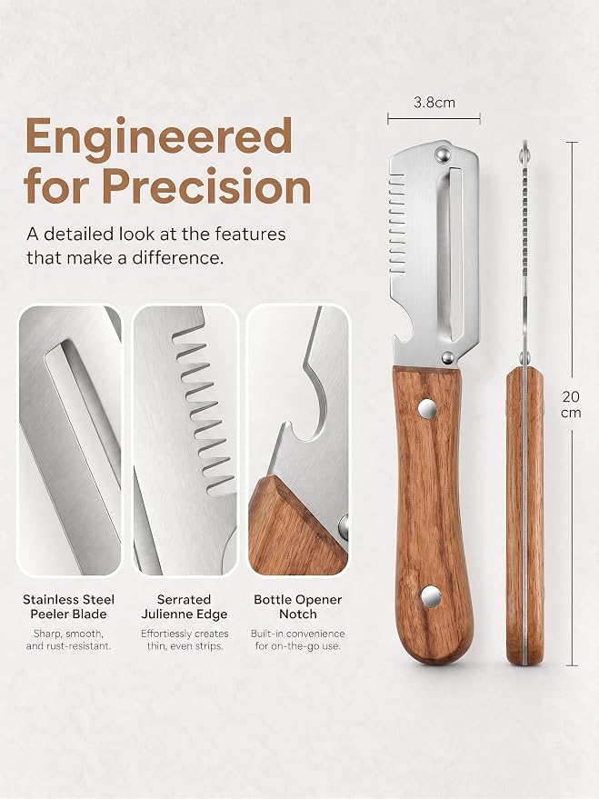 3-in-1 Multifunctional Vegetable Peeler Curved Stainless Steel Blade with Wooden Handle - Peeling, Julienne & Bottle Opener Veggie Peeler for Home Chefs, Camping, Kitchen Tool (3PCS)