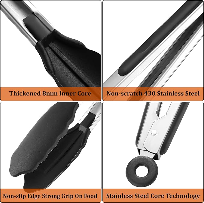 4 PCS Kitchen Tongs with Silicone Tips, 9 & 12-Inch Heat Resistant Silicone Tongs for Cooking Stainless Steel Spaghetti Tong Pasta Tong for Serving Food, Spaghetti, Pasta, BBQ, Salad (4PCS)