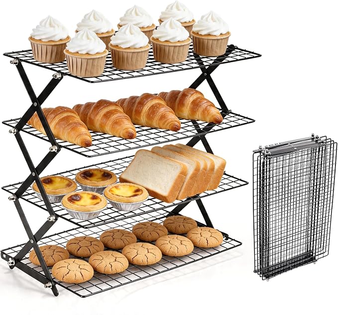 4 Tier Collapsible Cooling Rack，3 Setting Design, Adjustable ＆ Stackable Baking Rack, for Baking, Cookies, Bread, Gifts for Baking Must Haves