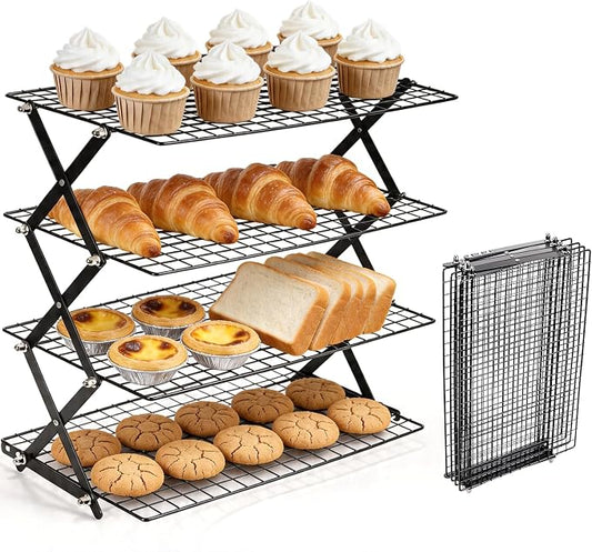 4 Tier Collapsible Cooling Rack，3 Setting Design, Adjustable ＆ Stackable Baking Rack, for Baking, Cookies, Bread, Gifts for Baking Must Haves