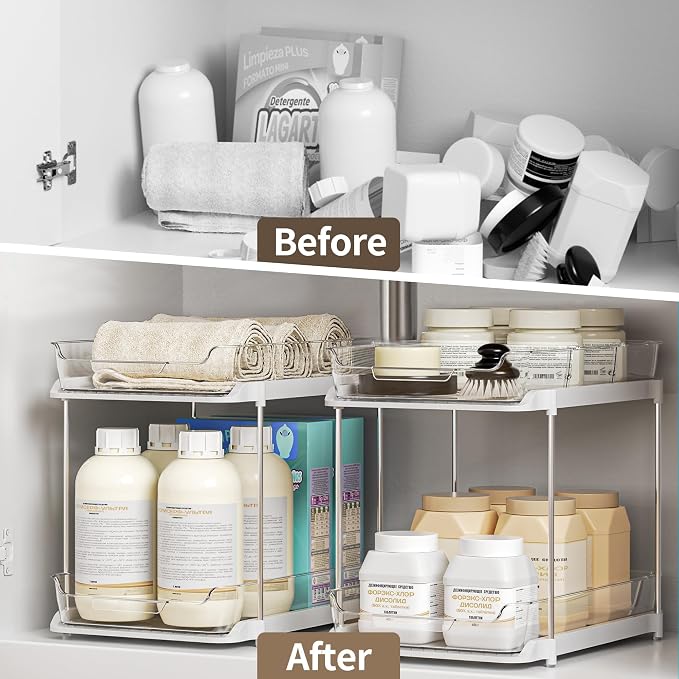 Delamu 2-Tier Multi-Purpose Bathroom Under Sink Organizers and Storage, Stackable Kitchen Pantry Organization, Pull Out Medicine Cabinet Organizer with Movable Dividers, White, 1 Pack