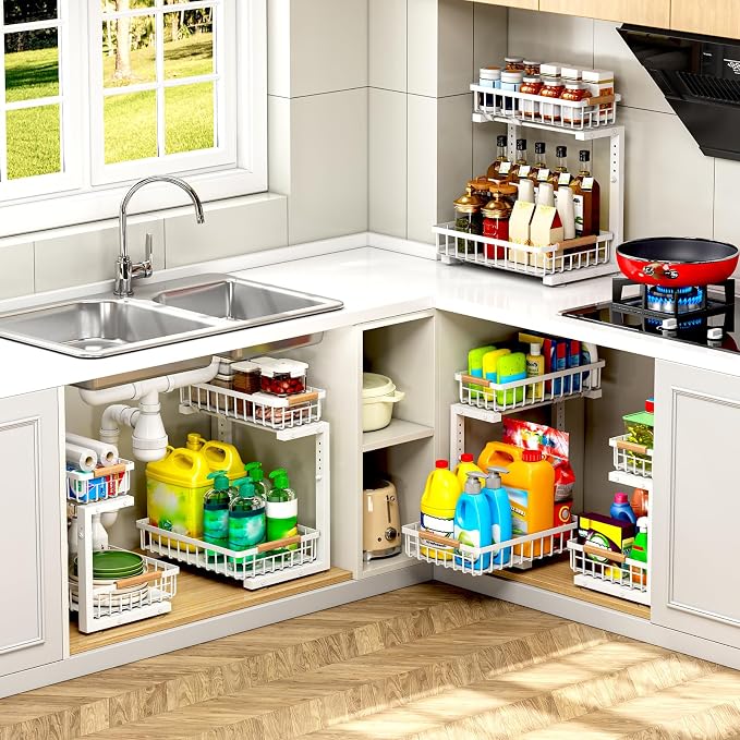 Under Sink Organizer 2 Pack, 11.7"W x 15.9"D x 13.8-16.9"H, White | Pull Out Kitchen Storage Cabinet Organizer, 2-Tier Under Sink Storage Rack for Bathroom Laundry Kitchen Storage with Drawer