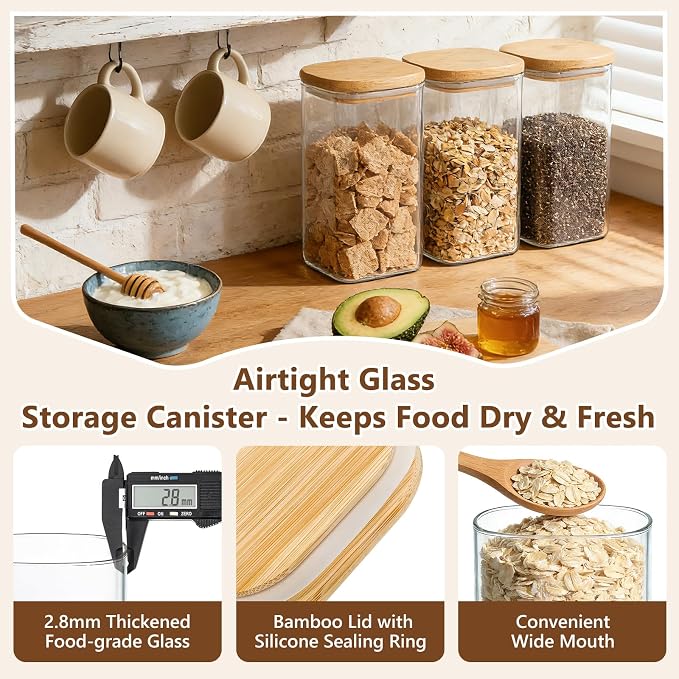 KEYWING 50oz Glass Storage Containers with Airtight Lids for Pantry, 3 Pack | Square Glass Jars with Bamboo Lids, Pantry Storage Canister for Flour, Sugar, Cereal, Coffee Beans, Pasta, Cookies & Tea