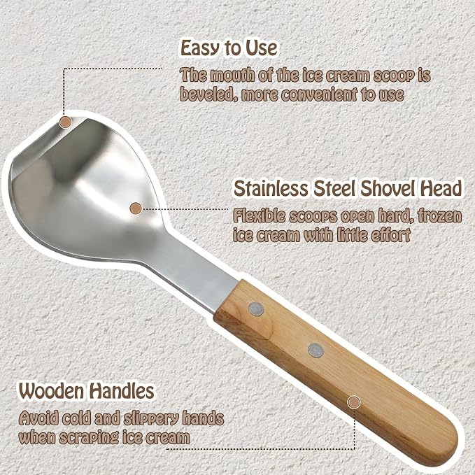 Ice Cream Metal Spade Heavy Duty Stainless Steel Dessert Shovel Wooden Handle Butter Cutter Kitchen Utensil (Round Shovel)