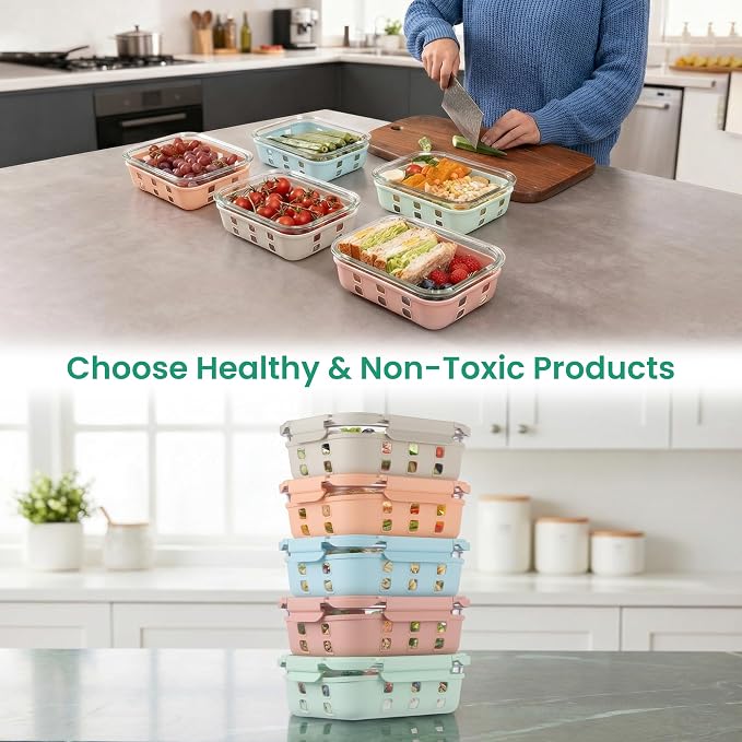 Glass Meal Prep Containers 5 Pack, 4.4 Cup Airtight Leakproof Lids, Borosilicate Glass Food Storage Containers, Microwave Oven Freezer Safe, BPA Free Lunch Containers
