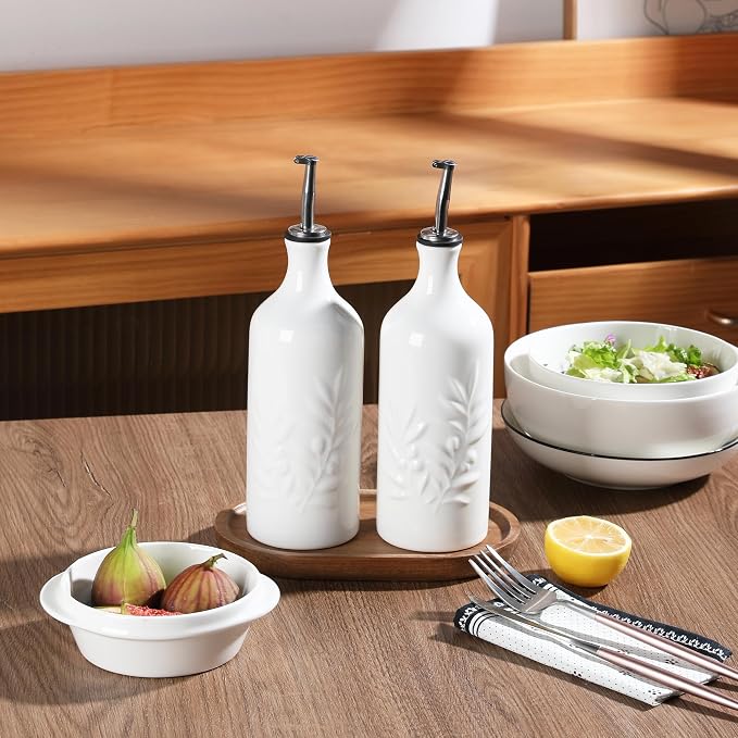 Sweejar Ceramic Olive Oil Dispenser Bottle, 20 Oz Relief Opaque Oil Cruet Protects To Reduce Oxidation, Suitable for Storage,Vinegar, Soy Sauce,Liquids,Set of 2 (White White)