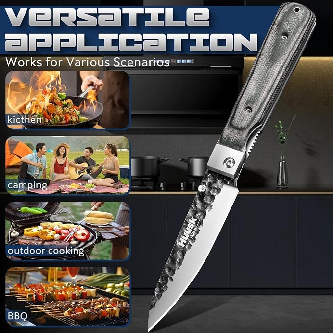 Huusk Japanese Folding Fruit Knife - Pocket Paring Knife with Ultra Sharp Blade - Hand Forged Kitchen Knives for BBQ, Camping and Travel - Gift for Men and Women