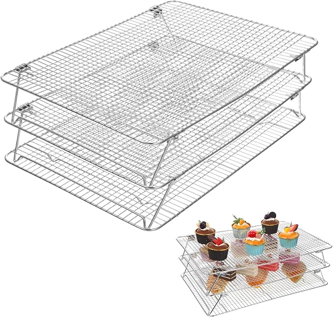 Stainless Steel Stackable Cooling Rack for Baking, 3-Tier Cooling Rack Set, Stackable Heavy Duty Stainless Steel Wire Racks, for Baking Cooking Grilling, Oven & Dishwasher Safe, 12”x 16.5”, Silver