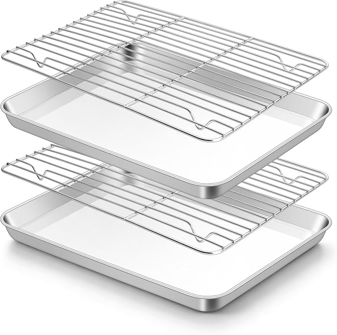 TeamFar Stainless Steel Baking Sheet with Rack Set, 12.5"x 9.5"x1" | 2 Pans + 2 Racks, Cookie Sheet Baking Pan Tray with Cooling Rack for Cooking, Non-Toxic & Rust Proof, Dishwasher Safe