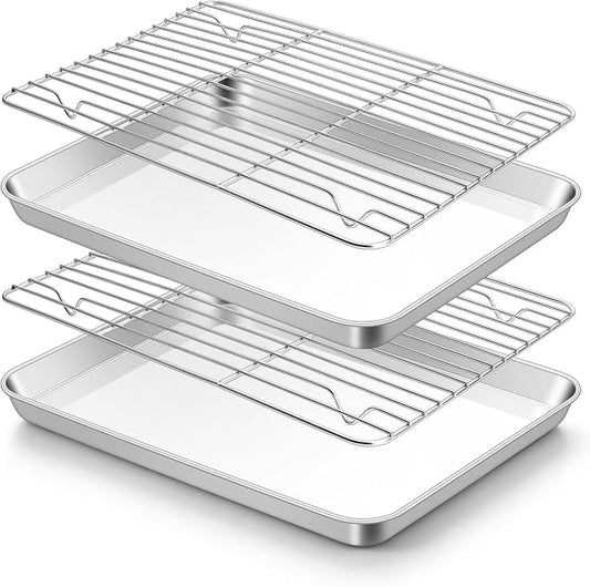 TeamFar Stainless Steel Baking Sheet with Rack Set, 12.5"x 9.5"x1" | 2 Pans + 2 Racks, Cookie Sheet Baking Pan Tray with Cooling Rack for Cooking, Non-Toxic & Rust Proof, Dishwasher Safe