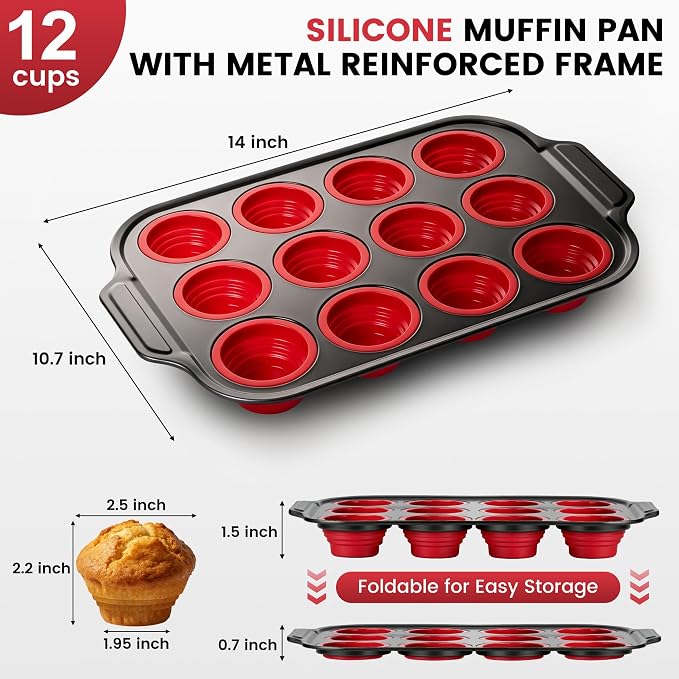 Silicone Muffin Pan for Baking with Metal Reinforced Frame - 12 Cups Regular Size Cupcake Pan Muffin Tins Egg Bite Molds - Nonstick, Easy to Pop, Bakeware for Oven, BPA Free (12-Cups Red)