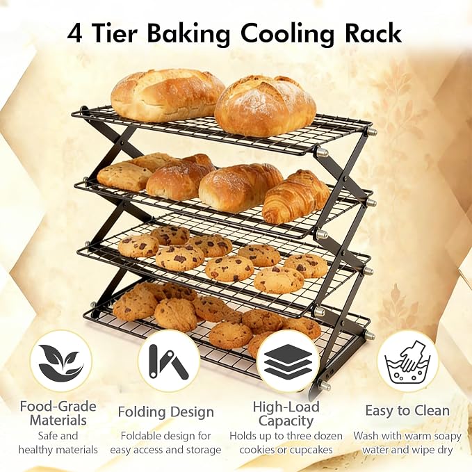 4 Tier Collapsible Cooling Rack - 3 Setting Adjustable & Stackable Stainless Steel Baking Rack, Stackable Cooling Racks for Baking, Cookies, Cakes, Roasting, Grilling, Drying, Space-Saving (Black)