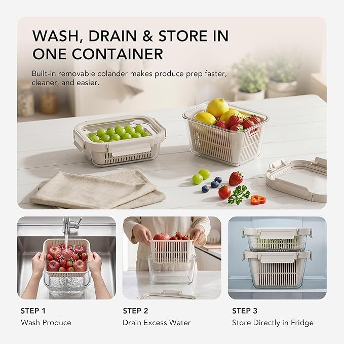 Glass Fruit Storage Containers for Fridge, 2 Pack Produce Containers with Removable Colanders & Vent Glass Lids, Airtight Fruit & Vegetable Storage, BPA Free Borosilicate Glass