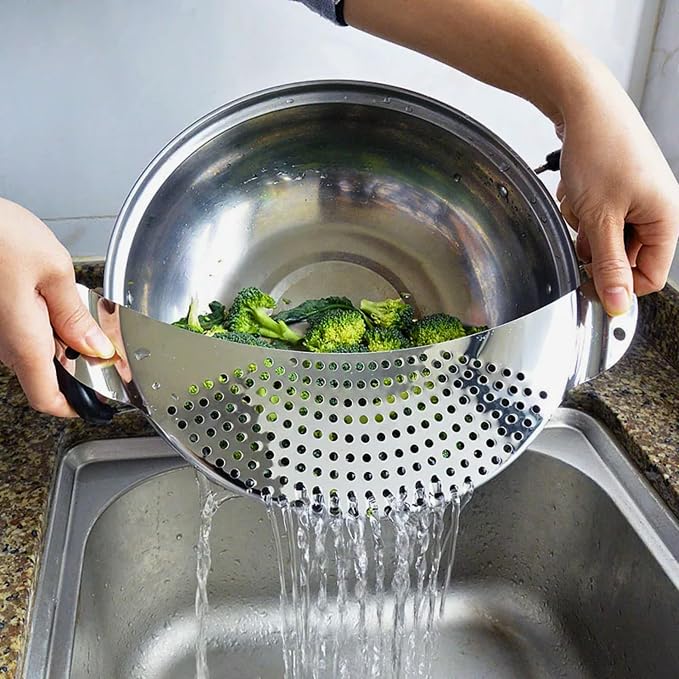 Pack of 2 Pot Strainer with Handle – 10 Inch Stainless Steel Colander with Handle Held Crescent Drainer Pan Crescent Pot Strainer Stainless Steel for Kitchen