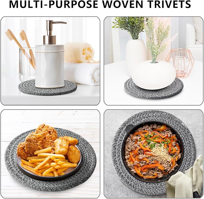 Coga Trivets for Hot Dishes, 5 Pack 7 Inch Cotton Hot Pads for Kitchen with Storage Basket, Round Pot Holders for Kitchen, Heat Resistant Mats for Countertop, Pots and Pans, Farmhouse Decor, D Grey