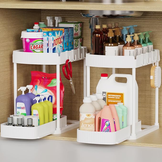 2 Packs Under Sink Pull-Out Storage Organizers, 12.8 Inches, White | Multi-Purpose Cabinet Organizers and Storage for Bathroom & Kitchen