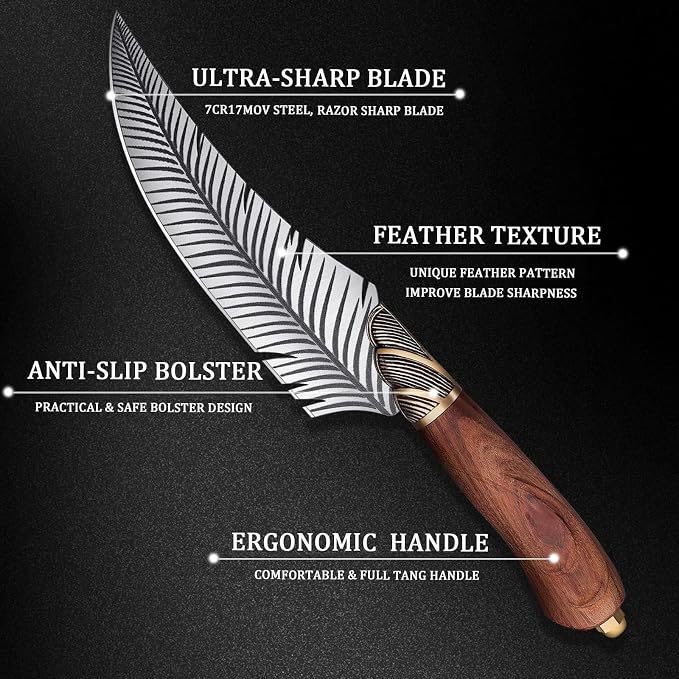 Dream Reach Feather Viking Boning Knife, 6 Inch Professional Viking Knife Meat Cleaver Full Tang with Sheath Gift Box for Outdoor Camping Thanksgiving Gifts for Men Women