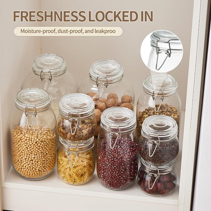 1 Gallon Glass Food Storage Jars with Airtight Lids, Set of 1 – Clear Preserving Seal Wire Clip Fastening Canisters for Kitchen Canning, Flour, Cereal, Pasta, Sugar, Beans, Pickling Jars (1gallon*1)