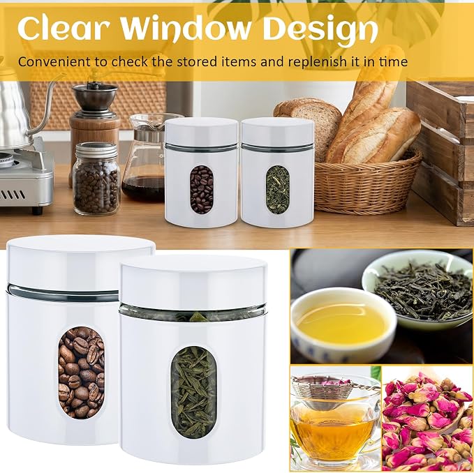 6 Pack Kitchen Canisters Set Airtight Coffee Sugar Tea Storage Jars with Window Glass Stainless Steel Containers with Lids for Flour Cookies Spices Grains Kitchen Decorations(White,20 oz)