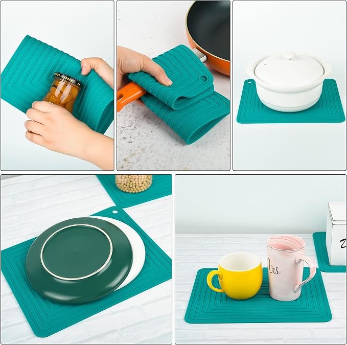 Silicone Trivets for Hot Pots and Pans Dishes, Durable Silicone Pot Holders, Multipurpose Silicon Heat Resistant Mat for Kitchen Countertops, Teal Silicon Hot Pads, Drying Pad 2 Set