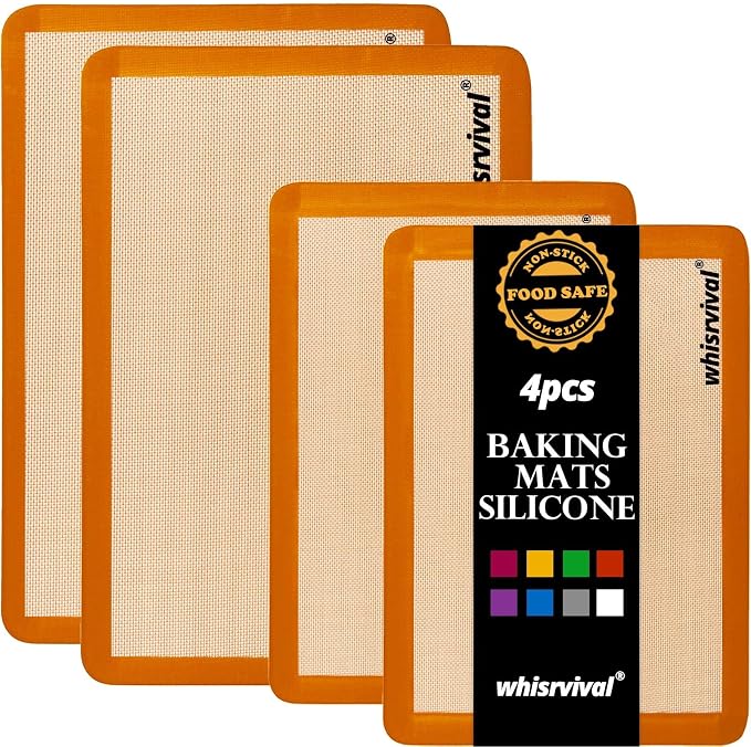 4 Pack Silicone Baking Mat, Non-Stick Silicone Baking Sheet | Food Safe, 480℉ Heat Resistant, 2 Half & 2 Quarter (Orange)