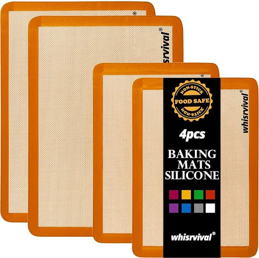 4 Pack Silicone Baking Mat, Non-Stick Silicone Baking Sheet | Food Safe, 480℉ Heat Resistant, 2 Half & 2 Quarter (Orange)