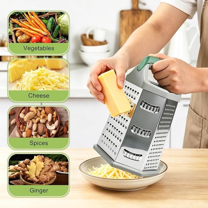Box grater for kitchen 6 Sided - Cheese Graters Handheld, Stainless Steel Shredder for Food Vegetable Carrot Potato Tomato (Green)