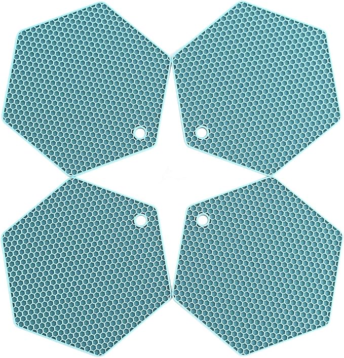 4 Packed Silicone Trivet Mats - DIY Different Size Dish Drying Mat, Hot Pot Holder for Pots & Pans, Non-Slip & Heat Resistant Kitchen Hot Pads for Countertops & Table, Turquoise
