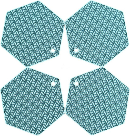 4 Packed Silicone Trivet Mats - DIY Different Size Dish Drying Mat, Hot Pot Holder for Pots & Pans, Non-Slip & Heat Resistant Kitchen Hot Pads for Countertops & Table, Turquoise