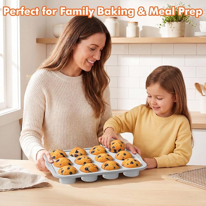 2 Pack Silicone Muffin Pan for Baking with Metal Reinforced Frame, Foldable 12 Cup Regular Size Nonstick Cupcake Pan, Muffin Tray for Baking, Dishwasher Safe Egg Bite Molds for Oven，White
